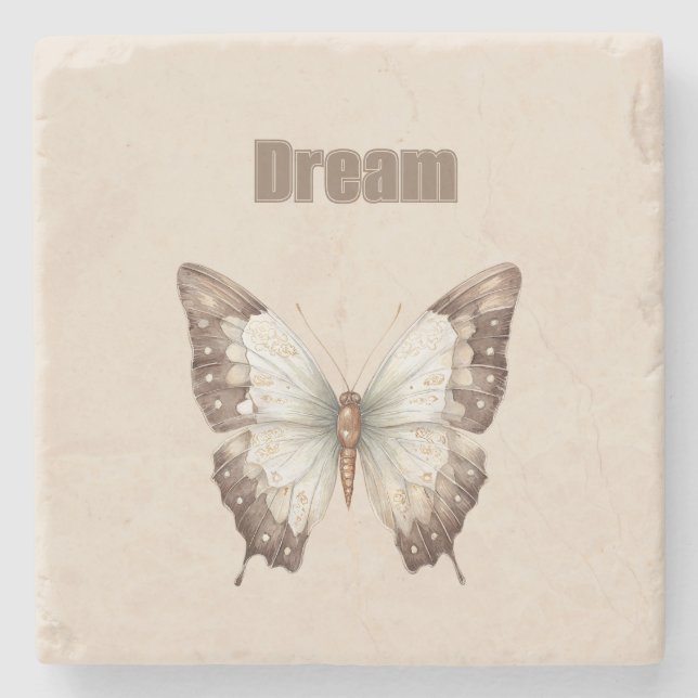 Brown White Dream Butterfly Stone Coaster (Front)