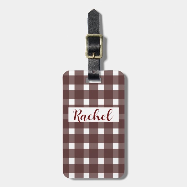 Brown White Gingham Personalised Luggage Tag (Front Vertical)