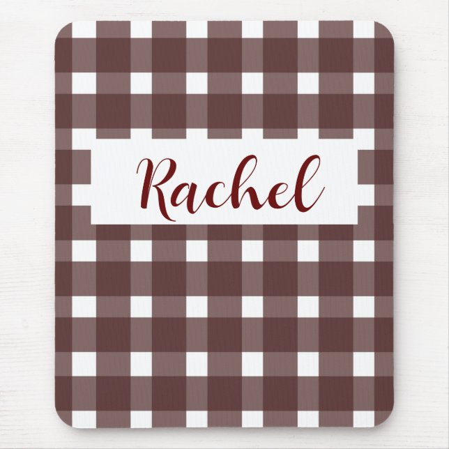 Brown White Gingham Personalised Mouse Mat (Front)