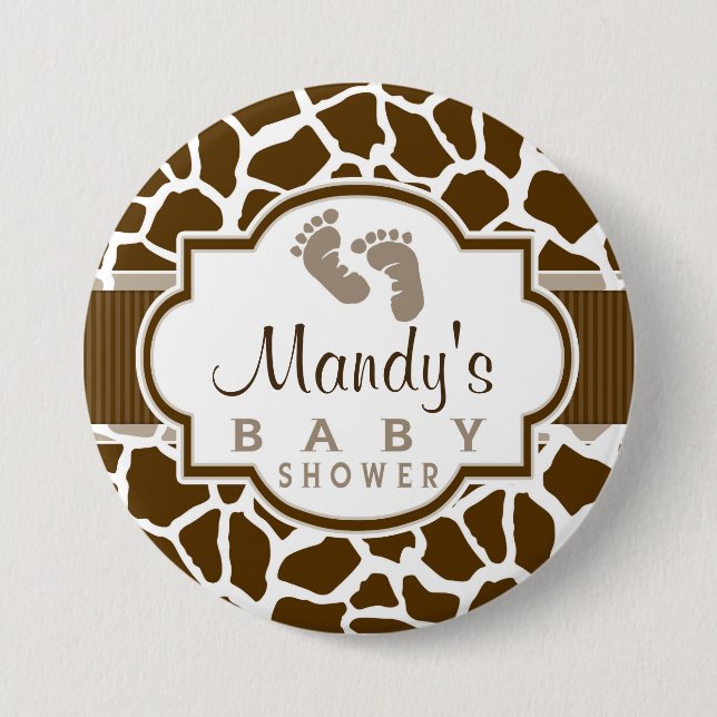 Brown, White Giraffe Animal Print Baby Shower 7.5 Cm Round Badge (Front)