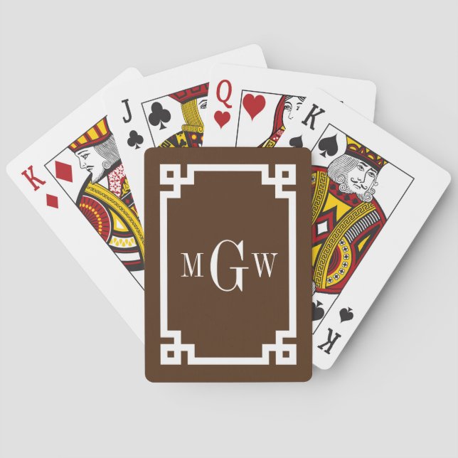 Brown White Greek Key #2 Framed 3 Init Monogram Playing Cards (Back)