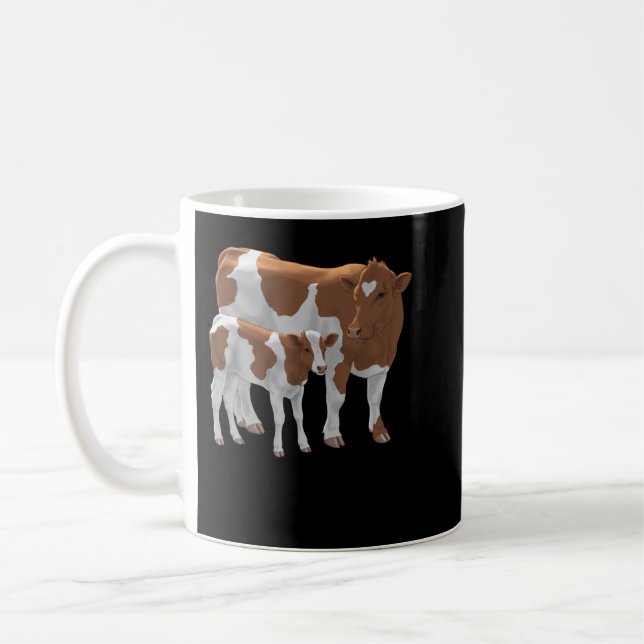 Brown & White Guernsey Cow & Cute Calf Cattle Farm Coffee Mug (Left)