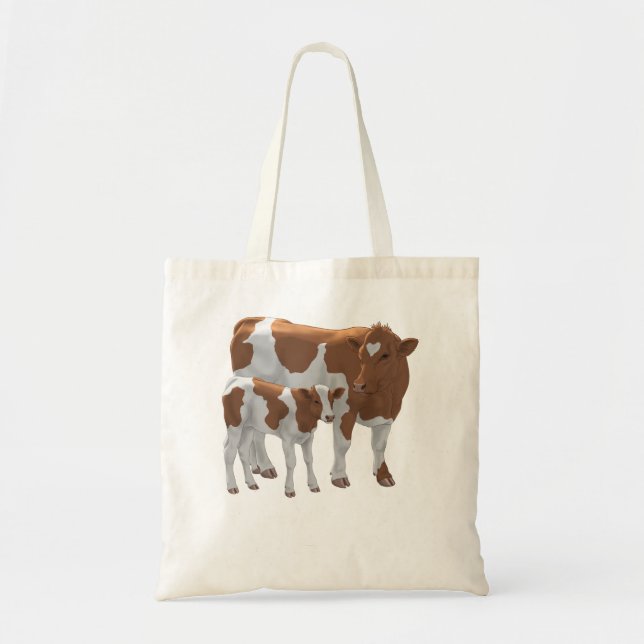 Brown & White Guernsey Cow & Cute Calf Cattle Farm Tote Bag (Front)