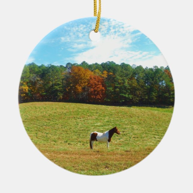 Brown & White horse,autumn trees,blue sky Ceramic Tree Decoration (Front)
