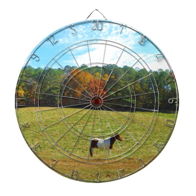 Brown & White horse,autumn trees,blue sky Dartboard (Front)