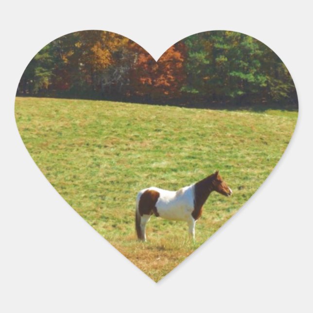 Brown & White horse,autumn trees,blue sky Heart Sticker (Front)