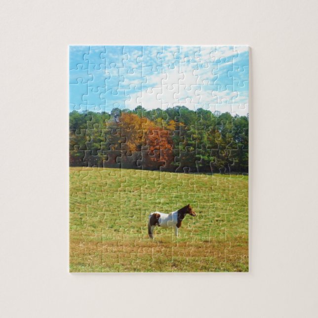 Brown & White horse,autumn trees,blue sky Jigsaw Puzzle (Vertical)