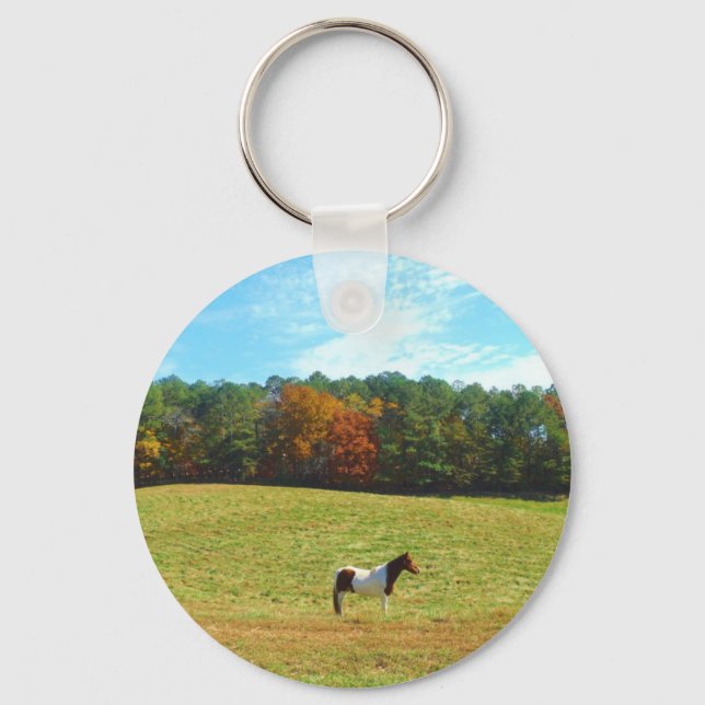 Brown & White horse,autumn trees,blue sky Key Ring (Front)