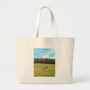Brown & White horse,autumn trees,blue sky Large Tote Bag