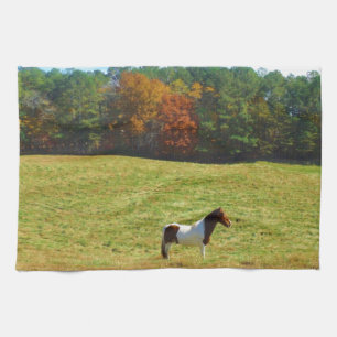 Brown & White horse,autumn trees,blue sky Tea Towel