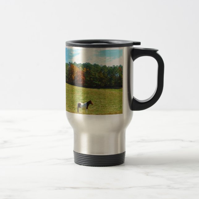Brown & White horse,autumn trees,blue sky Travel Mug (Right)