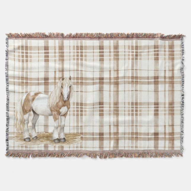 Brown White Horse Plaid Stripes Throw Blanket (Front)