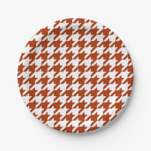 Brown White Houndstooth Plaid Design Paper Plate