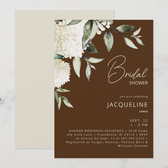  Brown White Hydrangeas Bridal Shower Invitation (Front/Back)