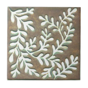 Brown & white leaves ceramic tile