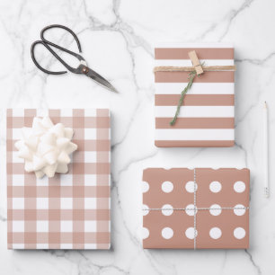 Brown White Matching Patterns Gingham Dots Stripe  Wrapping Paper Sheet