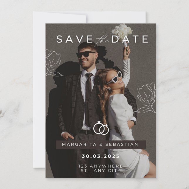 Brown white minimalist wedding invitation (Front)
