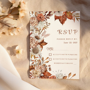 Brown white orange fall floral rustic RSVP Invitation