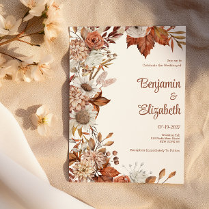 Brown white orange fall floral rustic Wedding  Invitation
