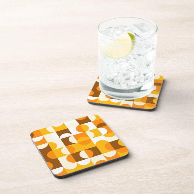 Brown White Orange Yellow Half Circles Pattern Coaster (Right Side)
