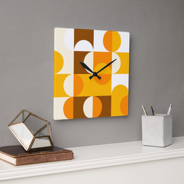 Brown White Orange Yellow Half Circles Pattern Square Wall Clock (Office)