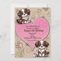 Brown & White Puppy Dog Pink Heart Birthday Party
