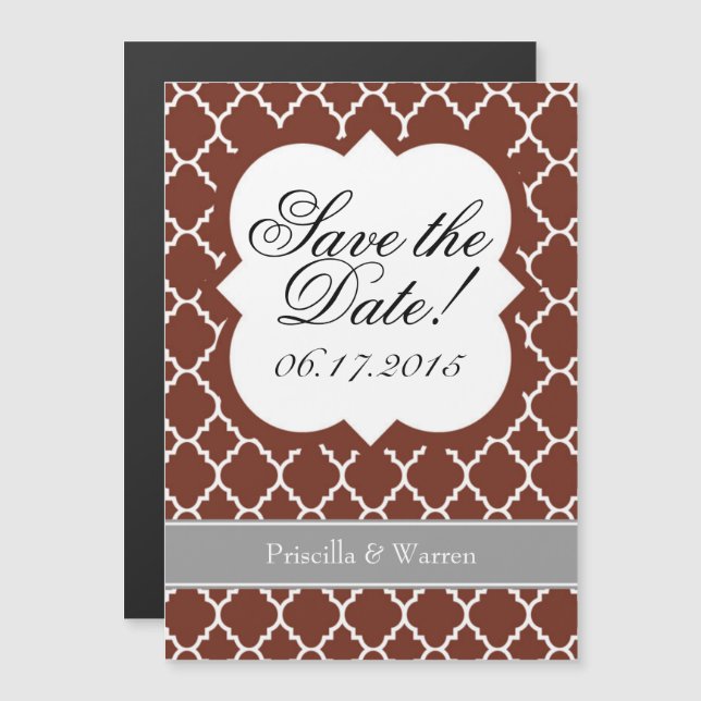 Brown White Quatrefoil Save The Date Magnet (Front/Back)