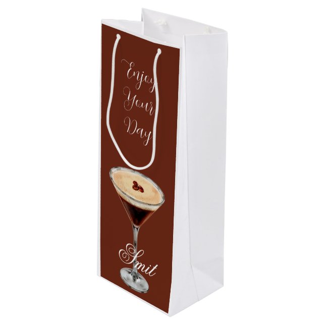 Brown & White Retro Minimalist Wine Gift Bag (Front Angled)