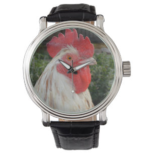 Brown White Rooster Face, Mens Leather Watch. Watch