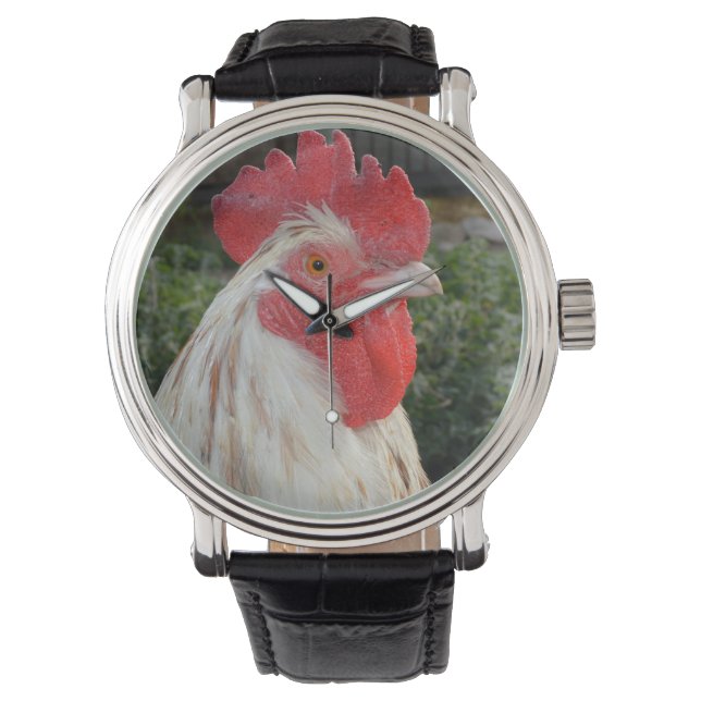 Brown White Rooster Face, Mens Leather Watch. Watch (Front)