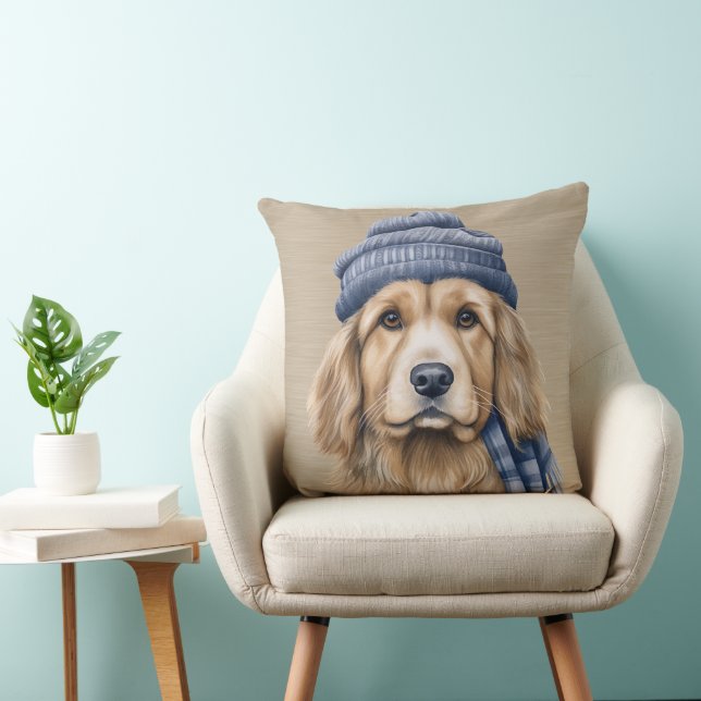 BROWN & WHITE SHAGGY DOG WITH BLUE HAT CUSHION (Chair)