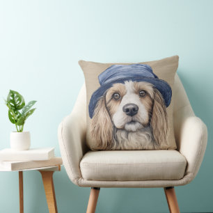 BROWN & WHITE SHAGGY DOG WITH BLUE HAT CUSHION