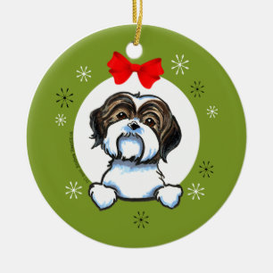Brown White Shih Tzu Christmas Classic Ceramic Tree Decoration
