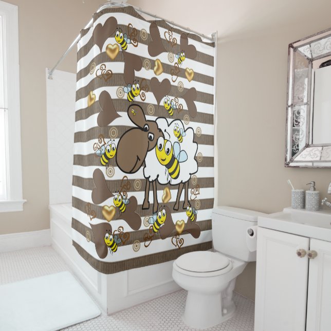 Brown & White Stripe Shower Curtain Bumblebee  (In Situ)