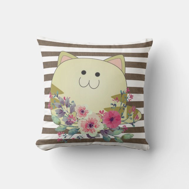 Brown & White Stripe Throw Pillow Cat Floral  (Front)