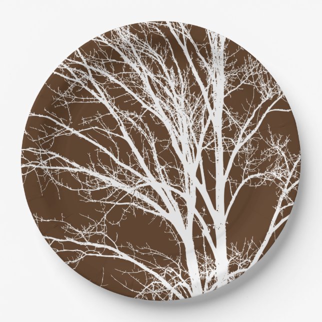 Brown White Tree Branches Paper Plate (Front)