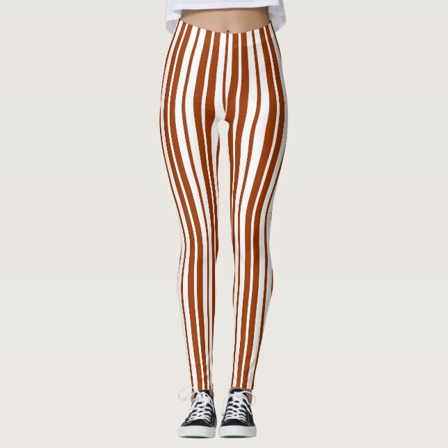 Brown White Vertical Stripes Pattern Leggings (Front)