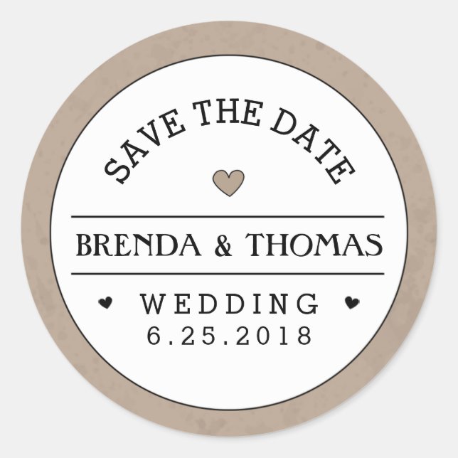 Brown & White Wedding Save the Date Round Label (Front)