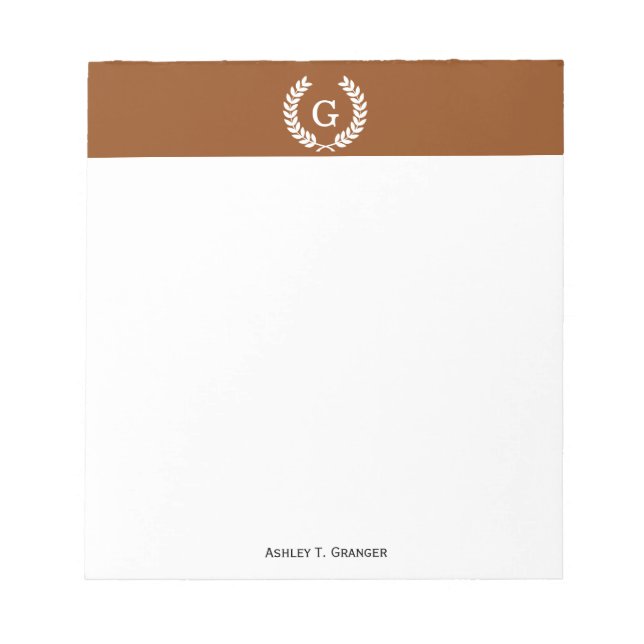 Brown White Wheat Laurel Wreath Initial Monogram Notepad (Front)