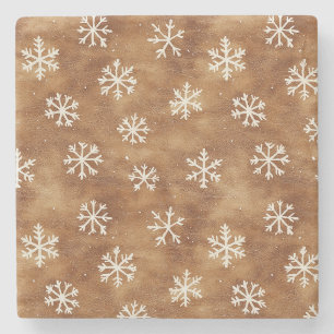 Brown White Winter Snowflakes Christmas Stone Coaster