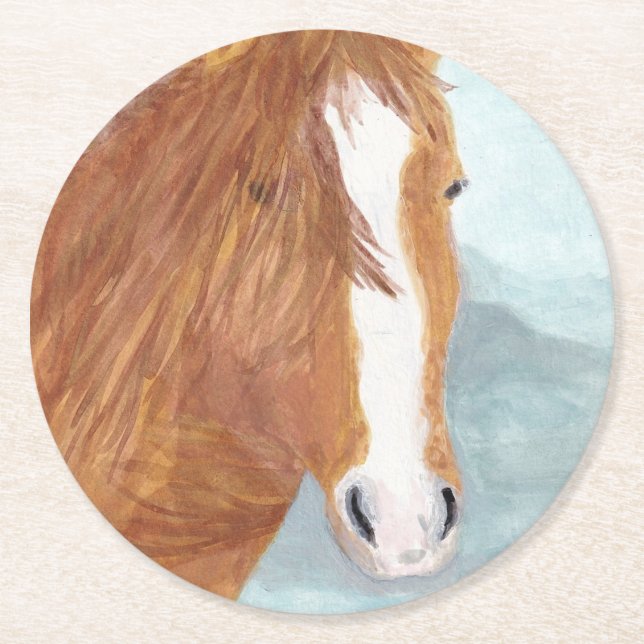 Brown Wild Horse Blue Mountain Lake - acrylic.    Round Paper Coaster (Front)