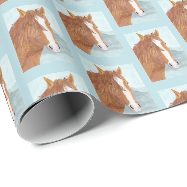 Brown Wild Horse Blue Mountain Lake - acrylic. Wrapping Paper (Roll Corner)