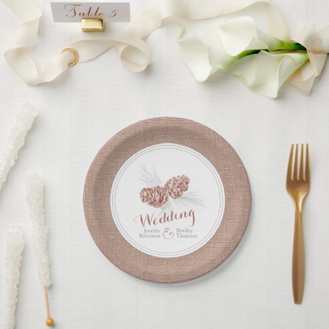 Brown winter pine cone art paper plates (Wedding)