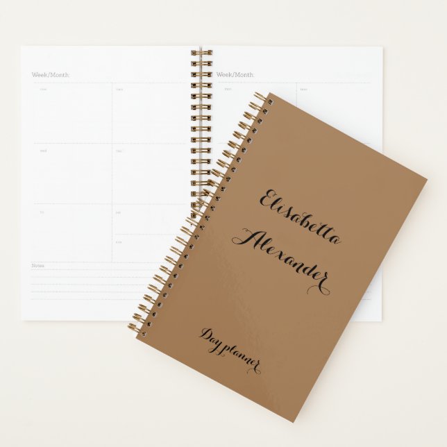 Brown with black text day planner and name place. (Display)