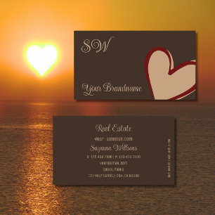 Brown with Gorgeous Red Beige Heart and Monogram Business Card