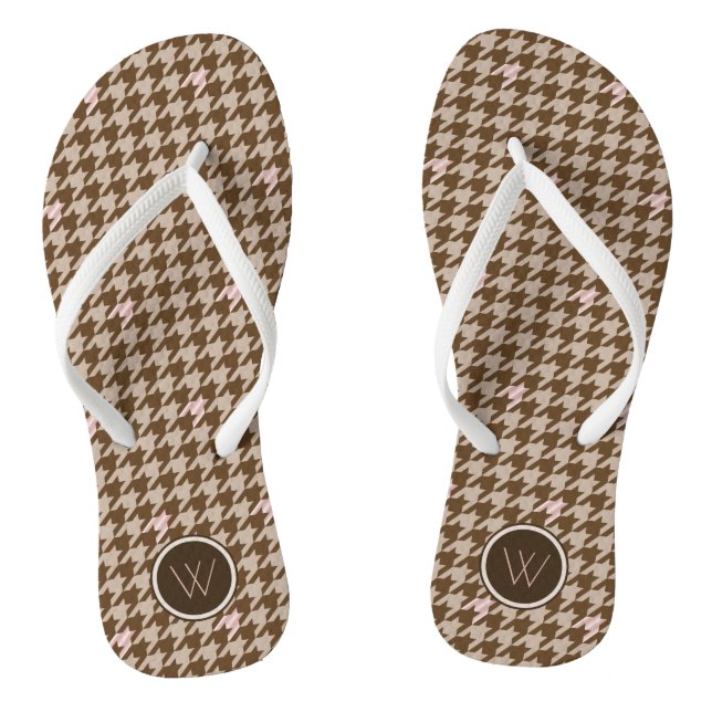 Brown with Rose Gold Accent Houndstooth Flip Flops (Footbed)