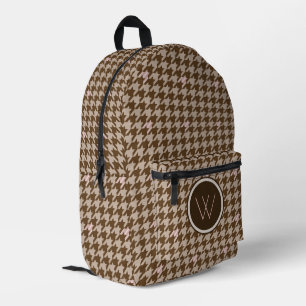 Brown with Rose Gold Accent Houndstooth Printed Backpack