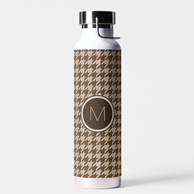 Brown with Rose Gold Accent Houndstooth Water Bottle (Left)