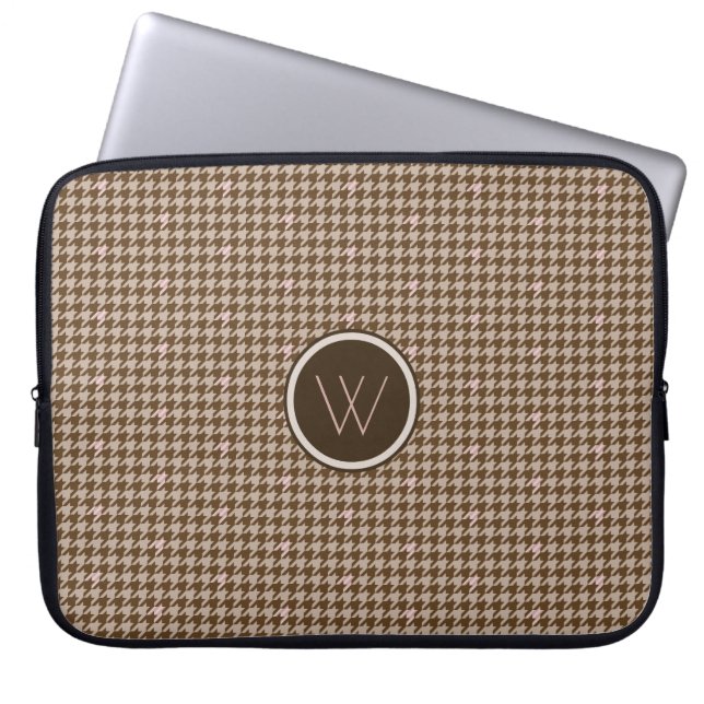 Brown with Rose Gold Houndstooth Laptop Sleeve (Front)