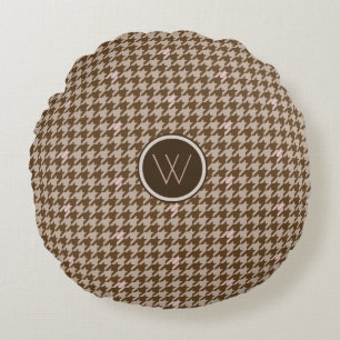 Brown with Rose Gold Houndstooth Round Pillow